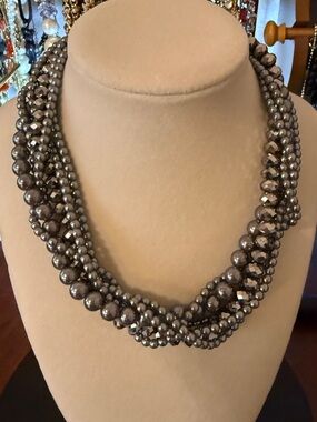 Gray Faux Pearls and Smoky Faceted Bead Necklace